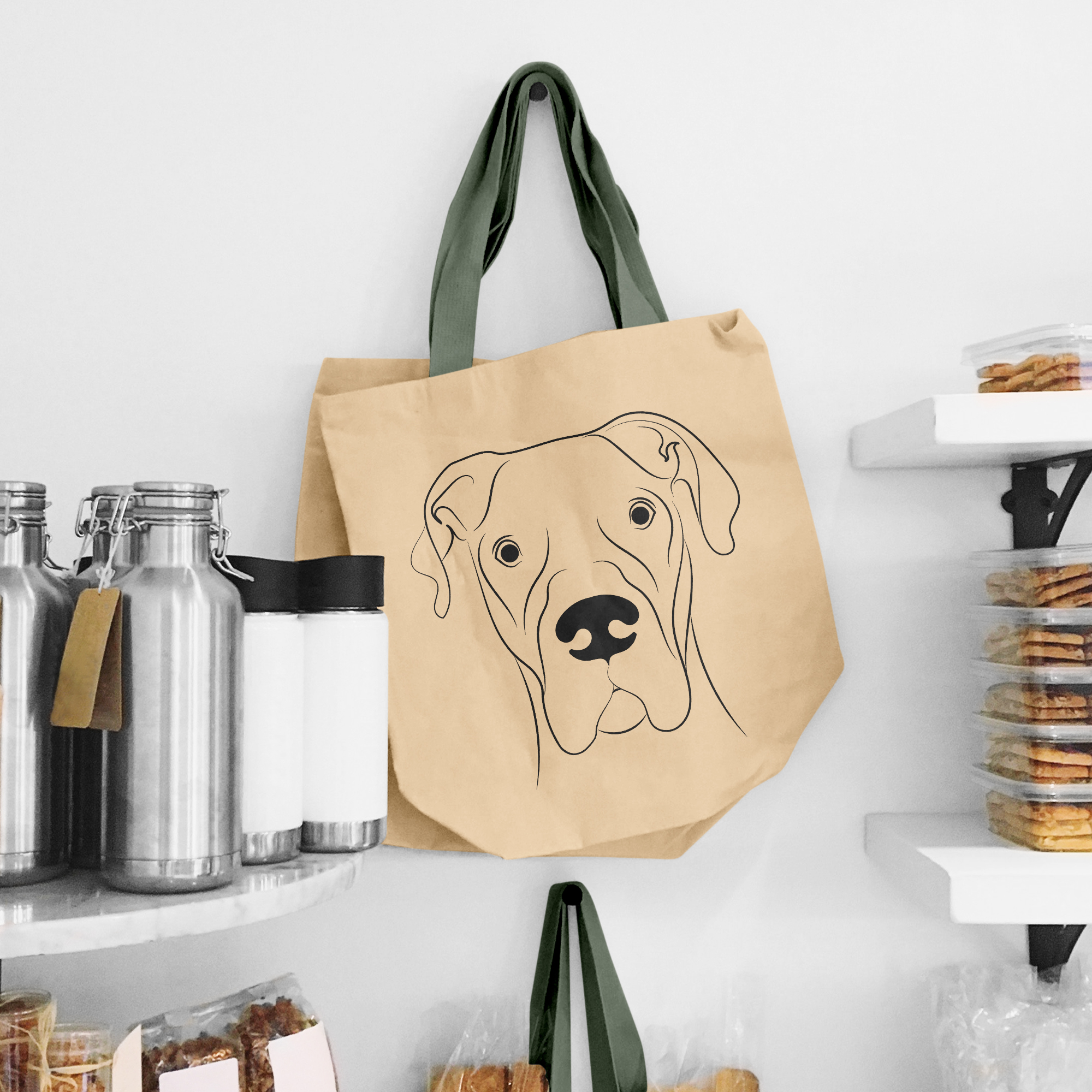 Brown paper bag with a picture of a dog on it.