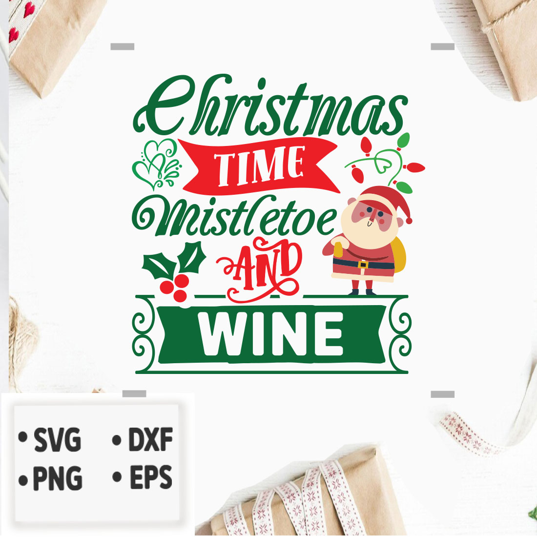 Image with irresistible Christmas time mistletoe and wine print.