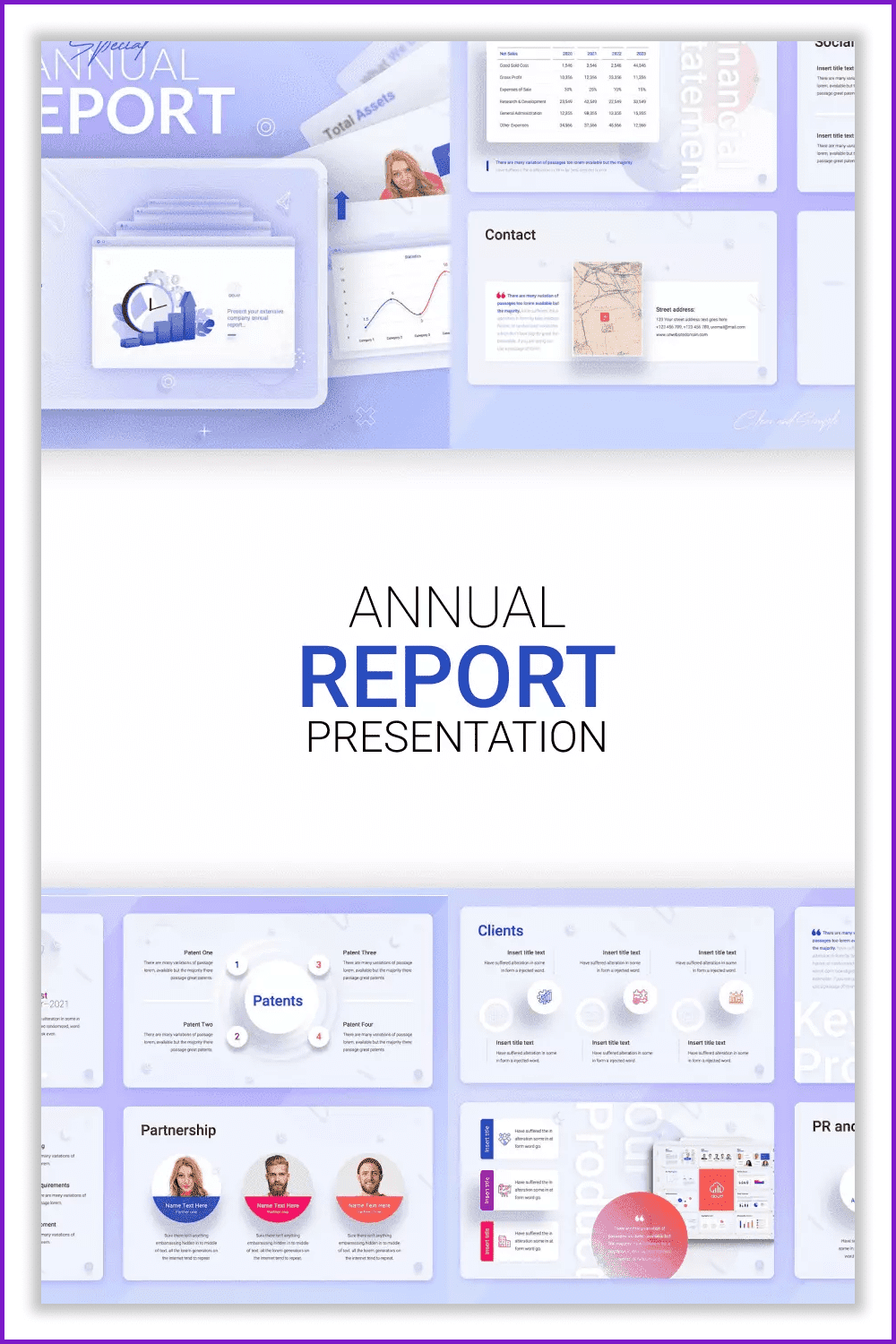 Collage of presentation pages with purple background and round graphics.