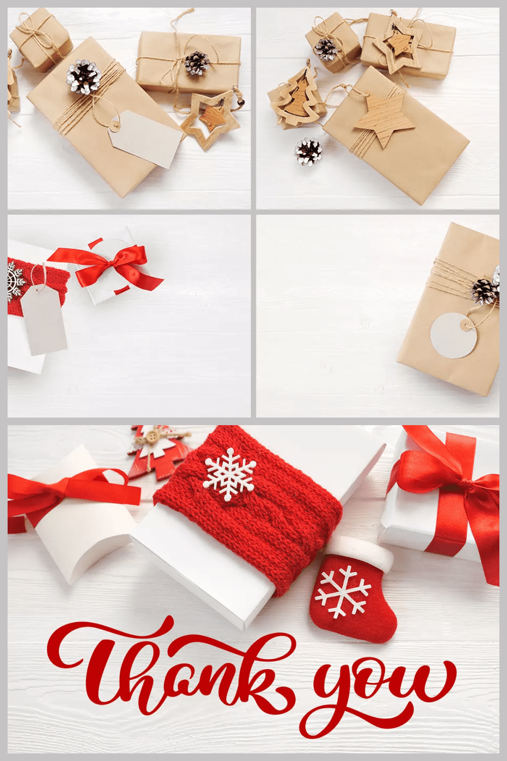 Photo collage with gift boxes with red bows.