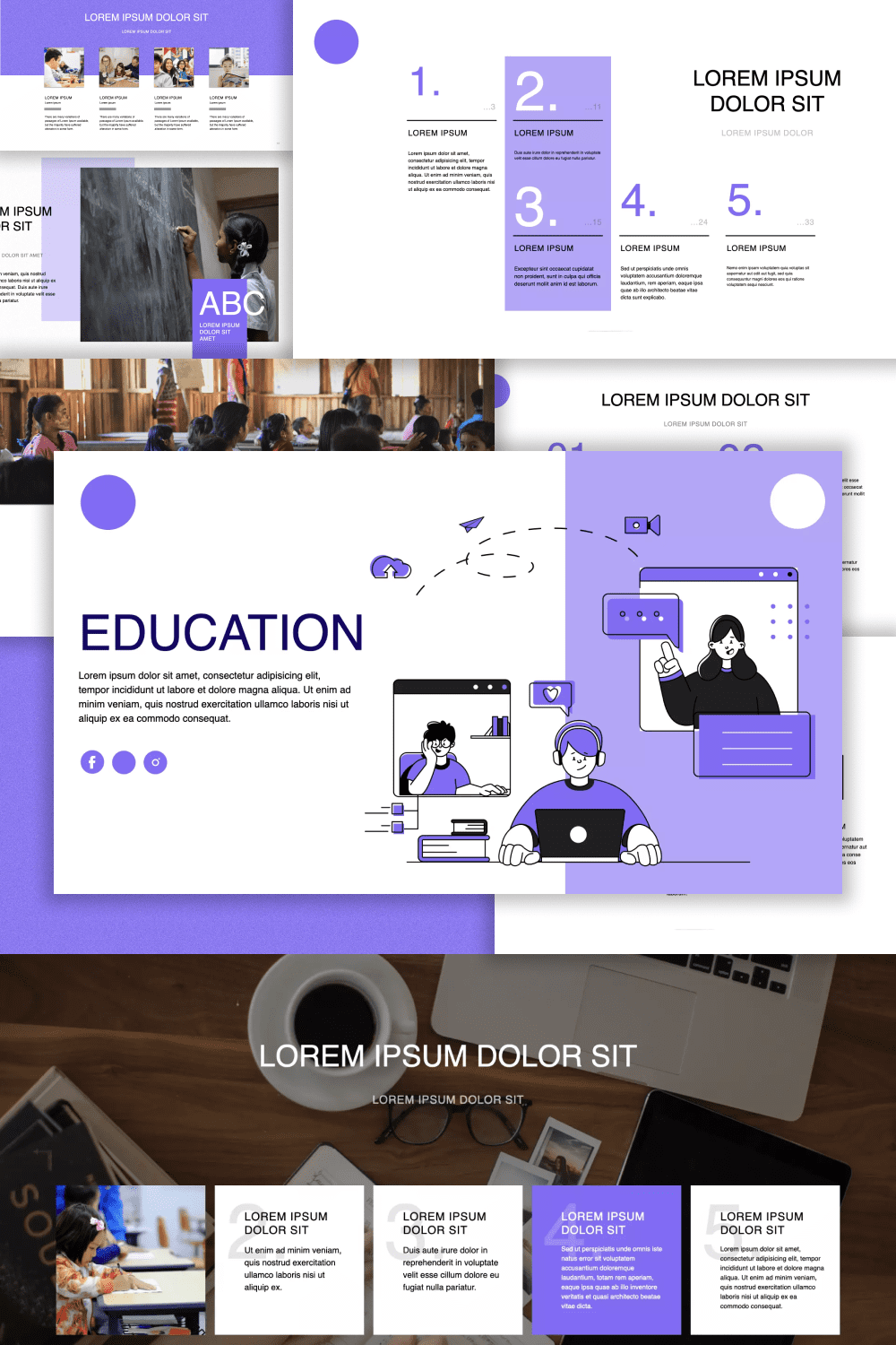 Collage of presentation pages for students with purple accents.