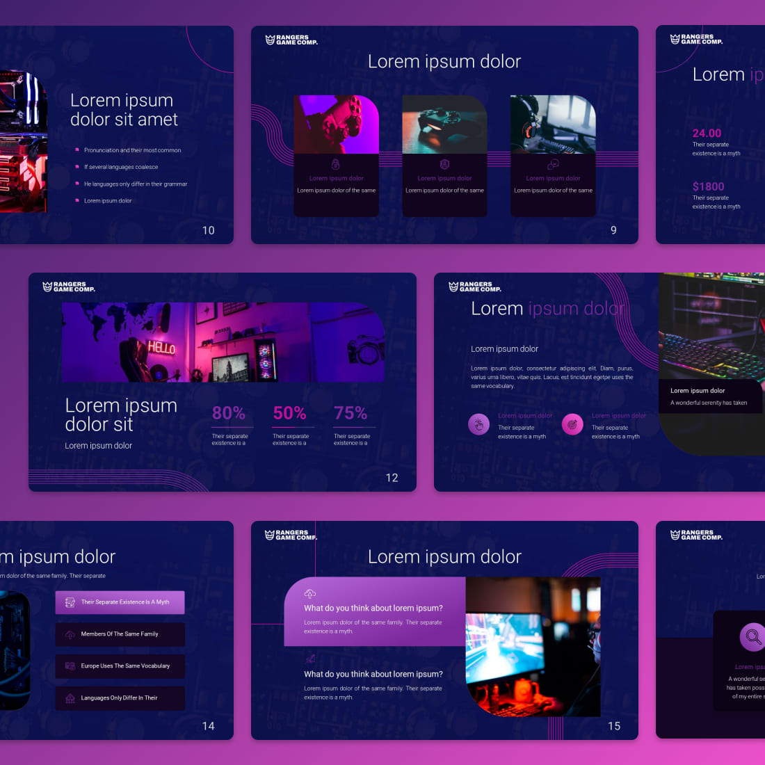 A set of 8 different slides in blue, pink and purple on a neon background.