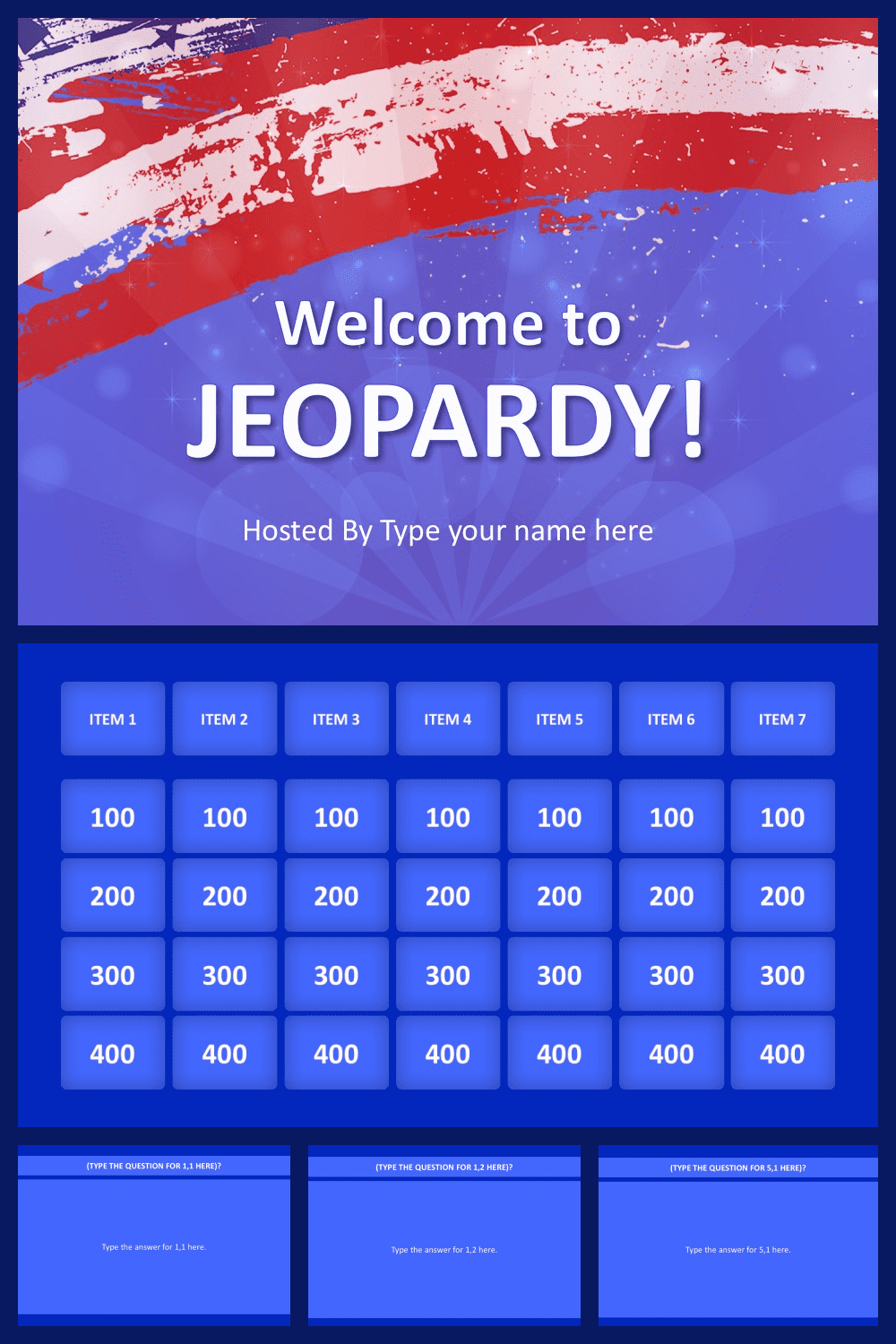 Jeopardy PowerPoint template with a scoreboard in blue colors.
