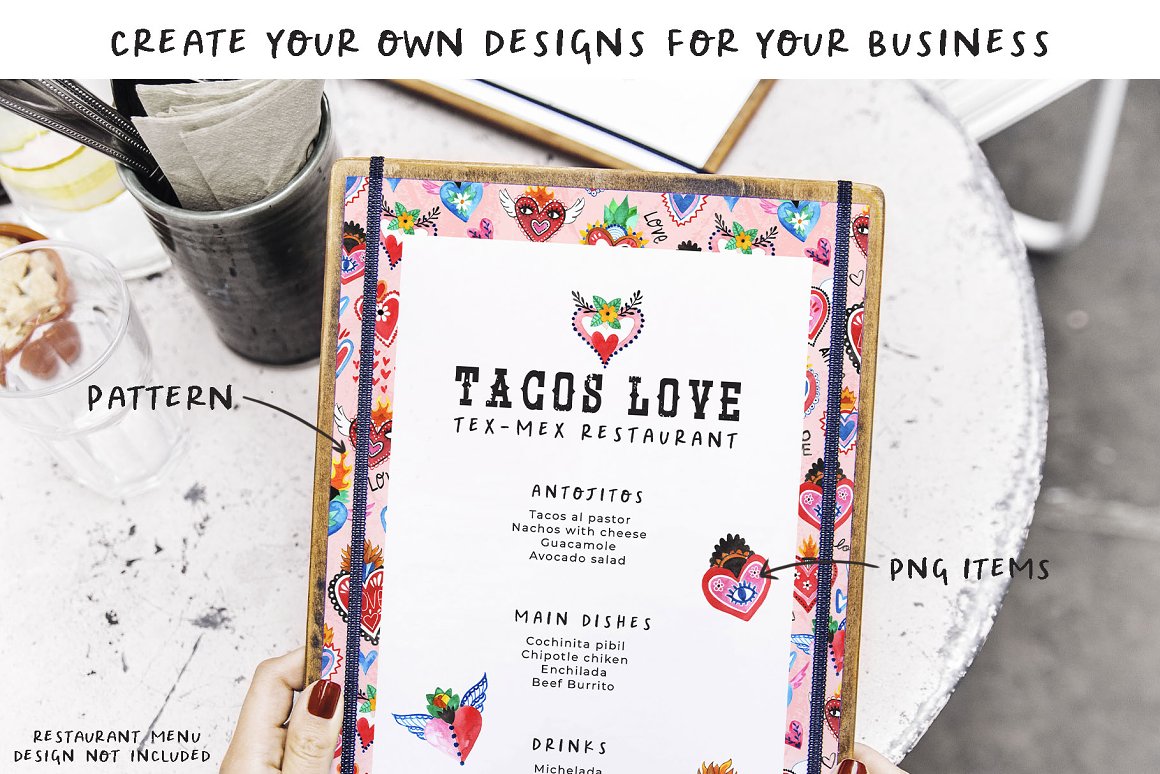 White and pink restaurant menu with black lettering "Tacos Love" and illustrations of hand-painted mexican hearts.