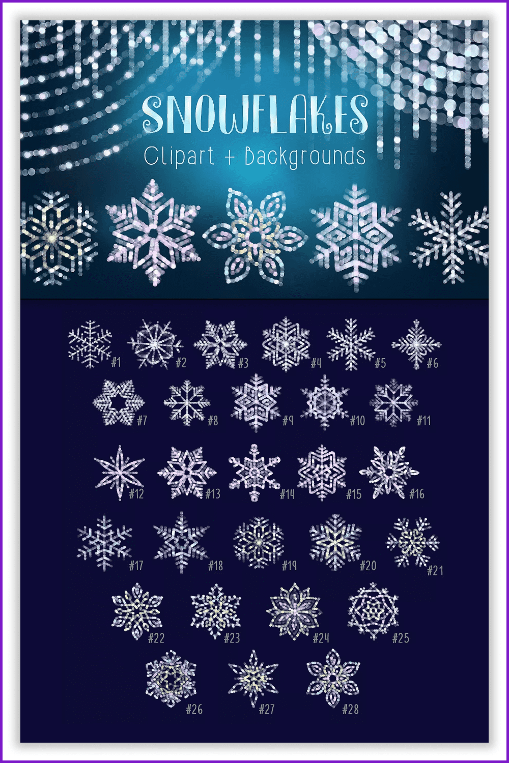 Collage of images of white snowflakes on a blue background.