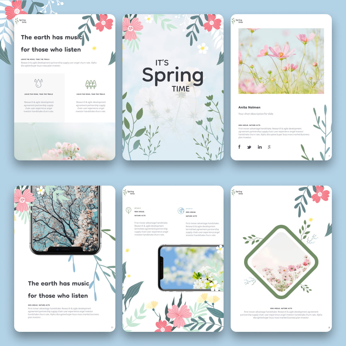 A set of images of unique presentation slides on the theme of spring.