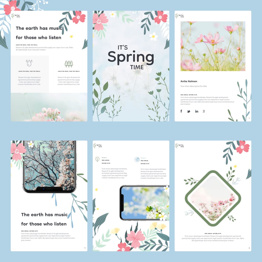 A set of images of unique presentation slides on the theme of spring.