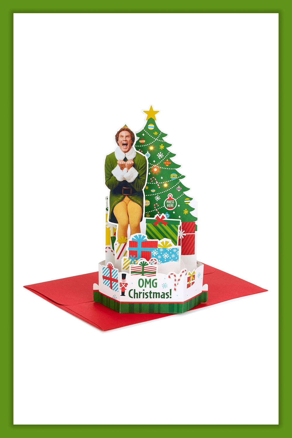 Christmas card with happy Buddy the Elf and Christmas tree.