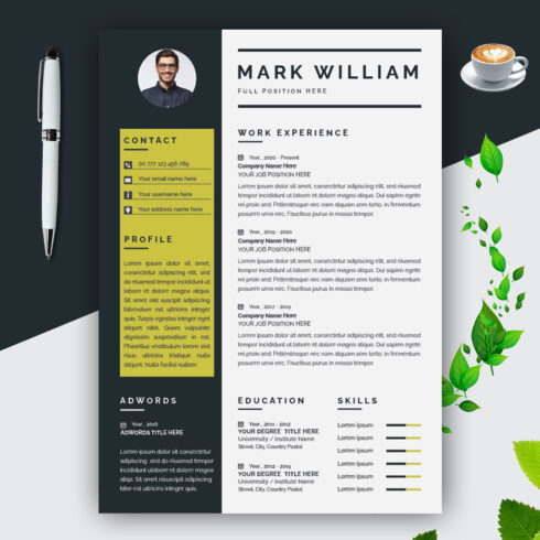 Clean and modern resume template with a cup of coffee.