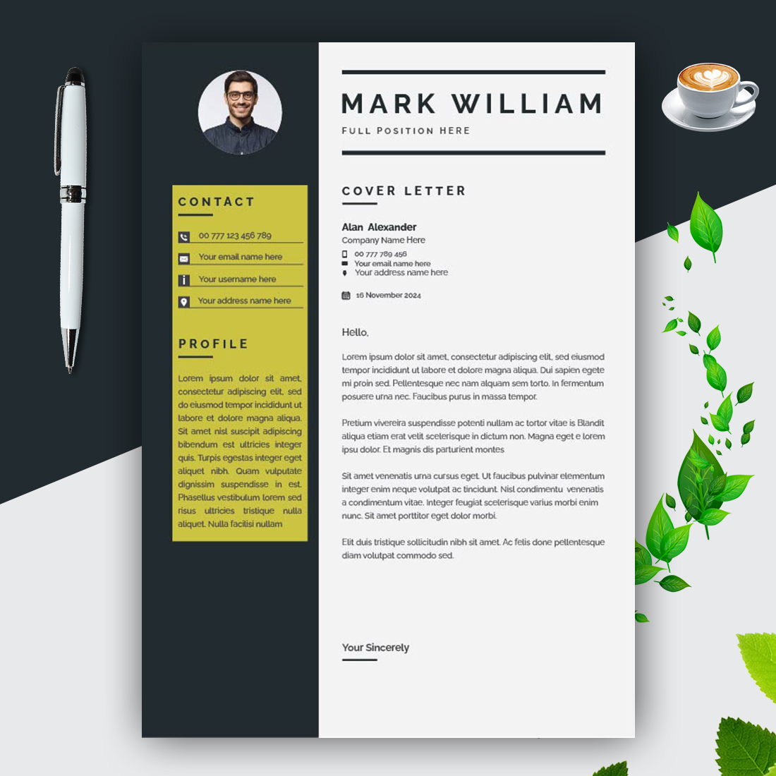 Resume Layout with Dark Yellow Accents cover letter preview.