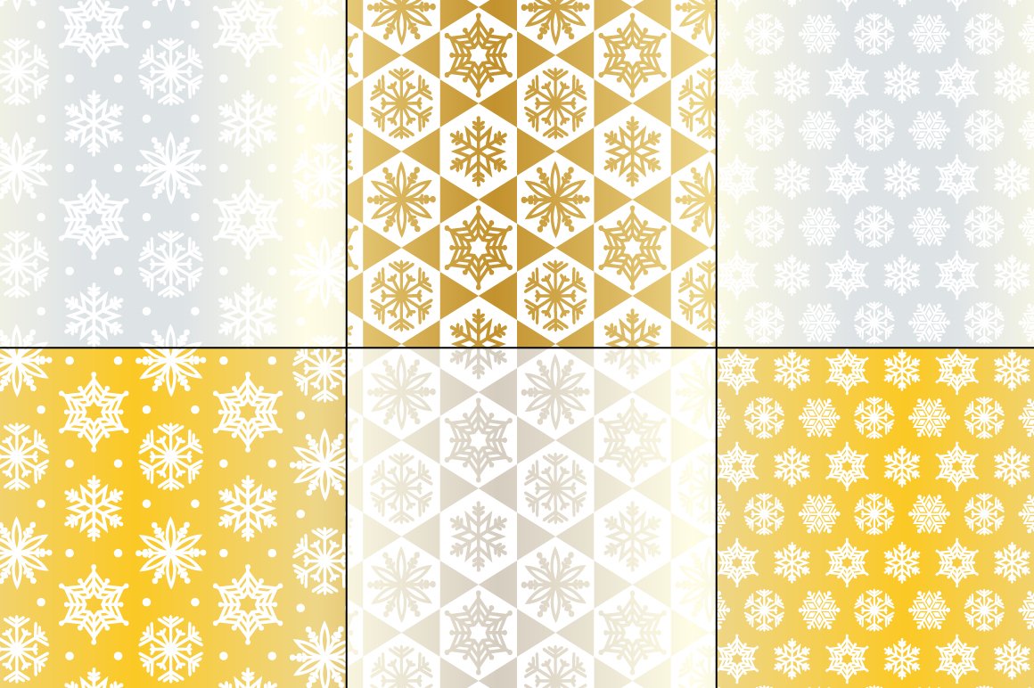 Cute snowflakes prints on the silver and gold backgrounds.