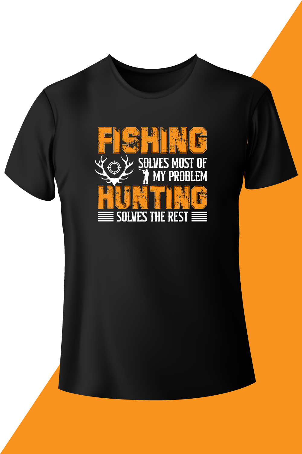 Image of a black t-shirt with a beautiful print on the theme of hunting and fishing.