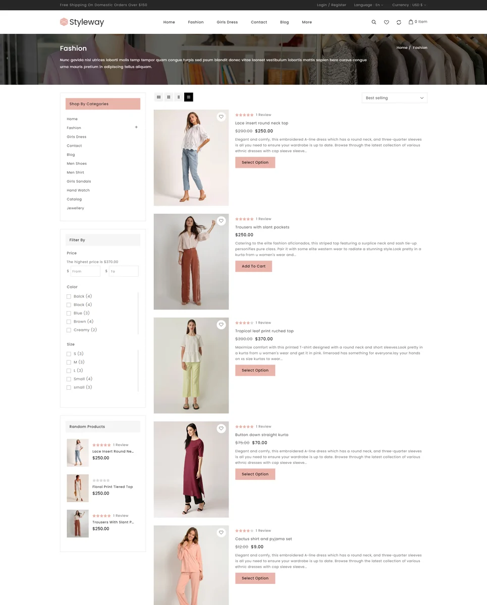 An example of different products as a list for web version styleway online fashion store.