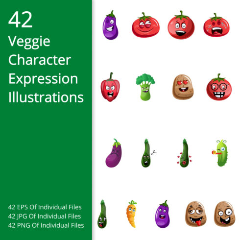42X Veggie Character/Expression Illustrations.