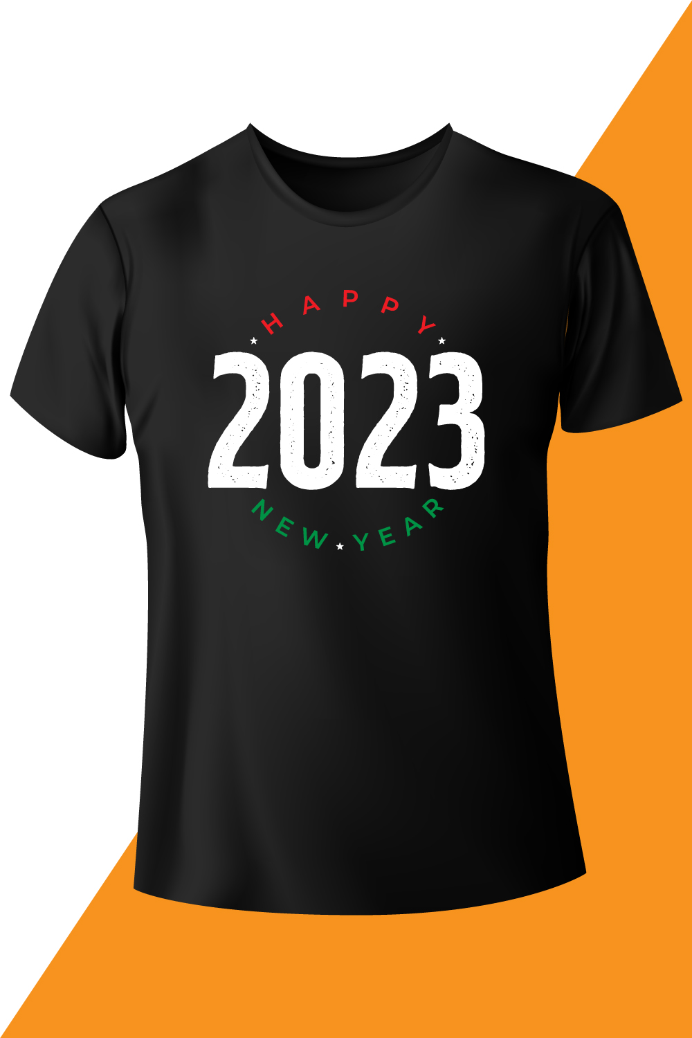 Image of a black T-shirt with a colorful print on the theme of the New Year.