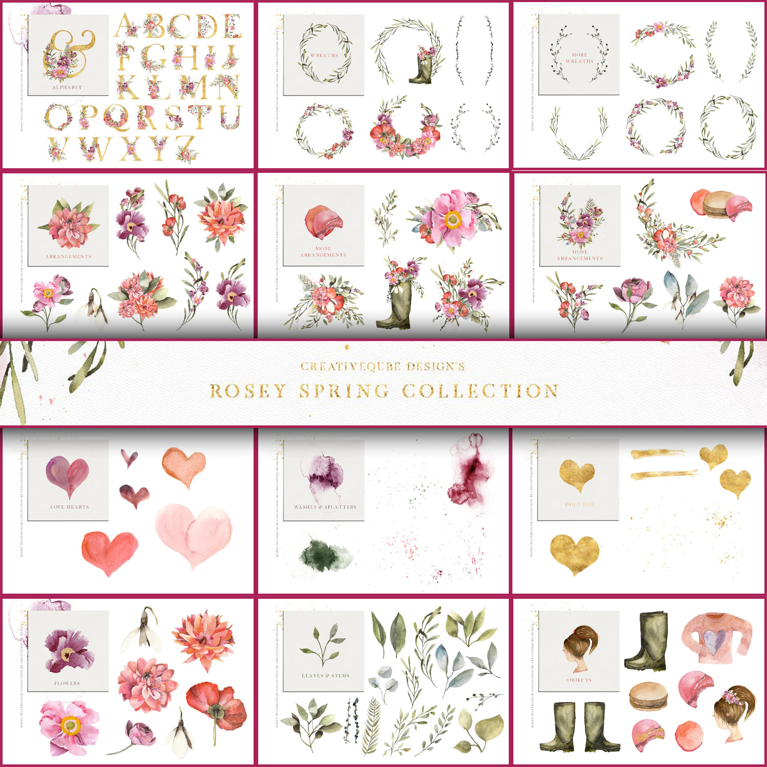 Rosey Valentine Watercolor Set by Creativeqube Design.