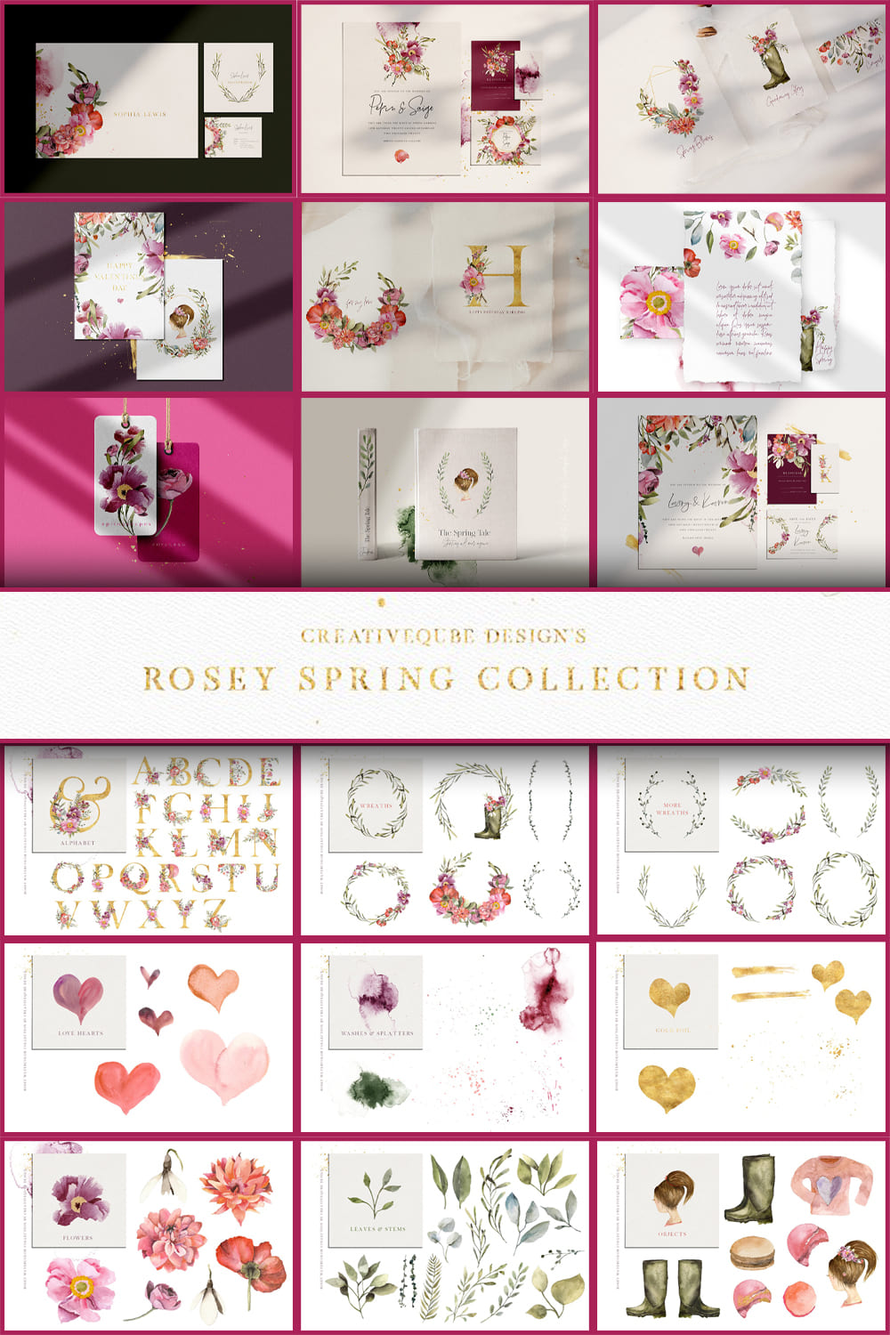 Rosey Valentine Watercolor Set - pinterest image preview.
