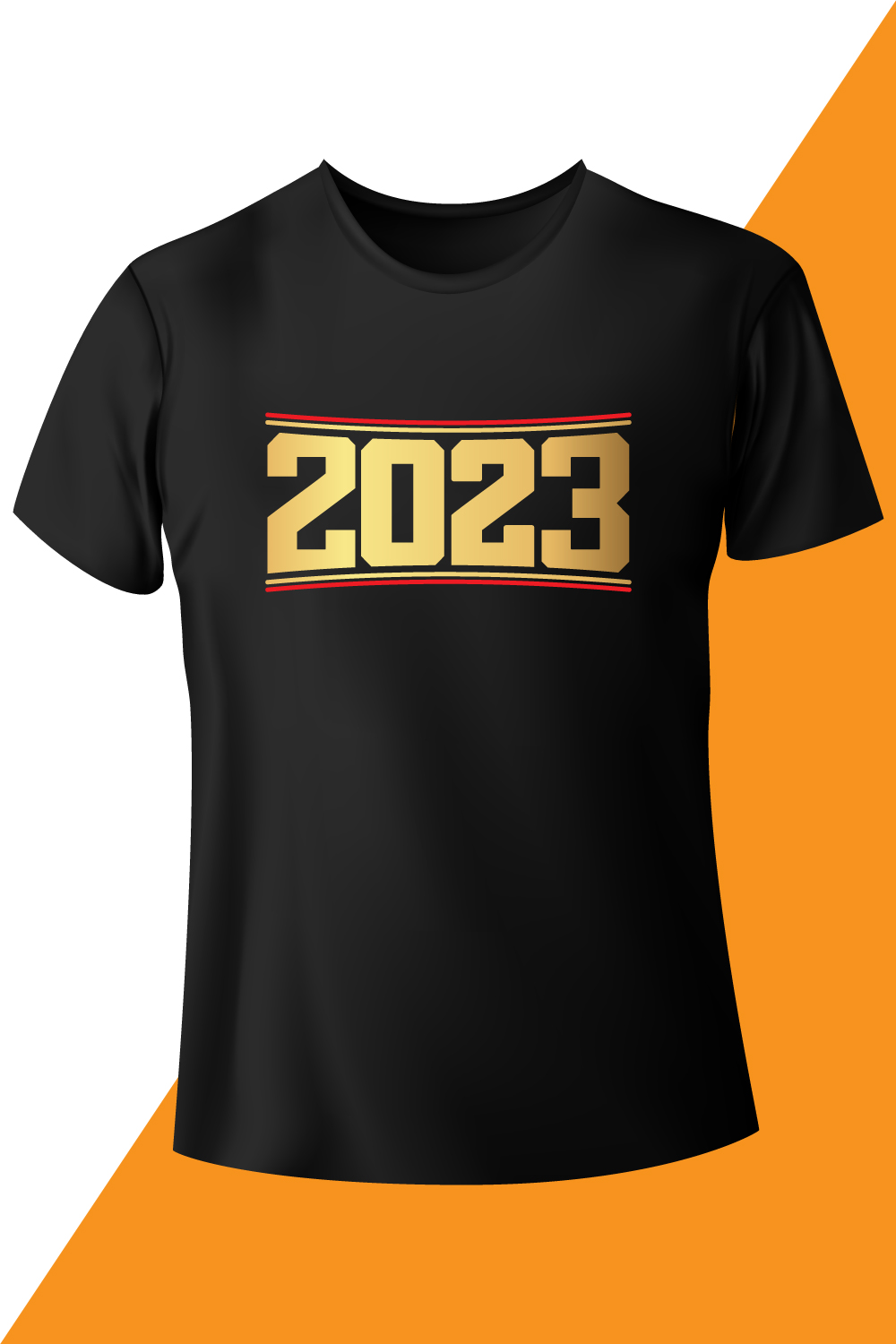Image of black t-shirt with colorful print 2023.
