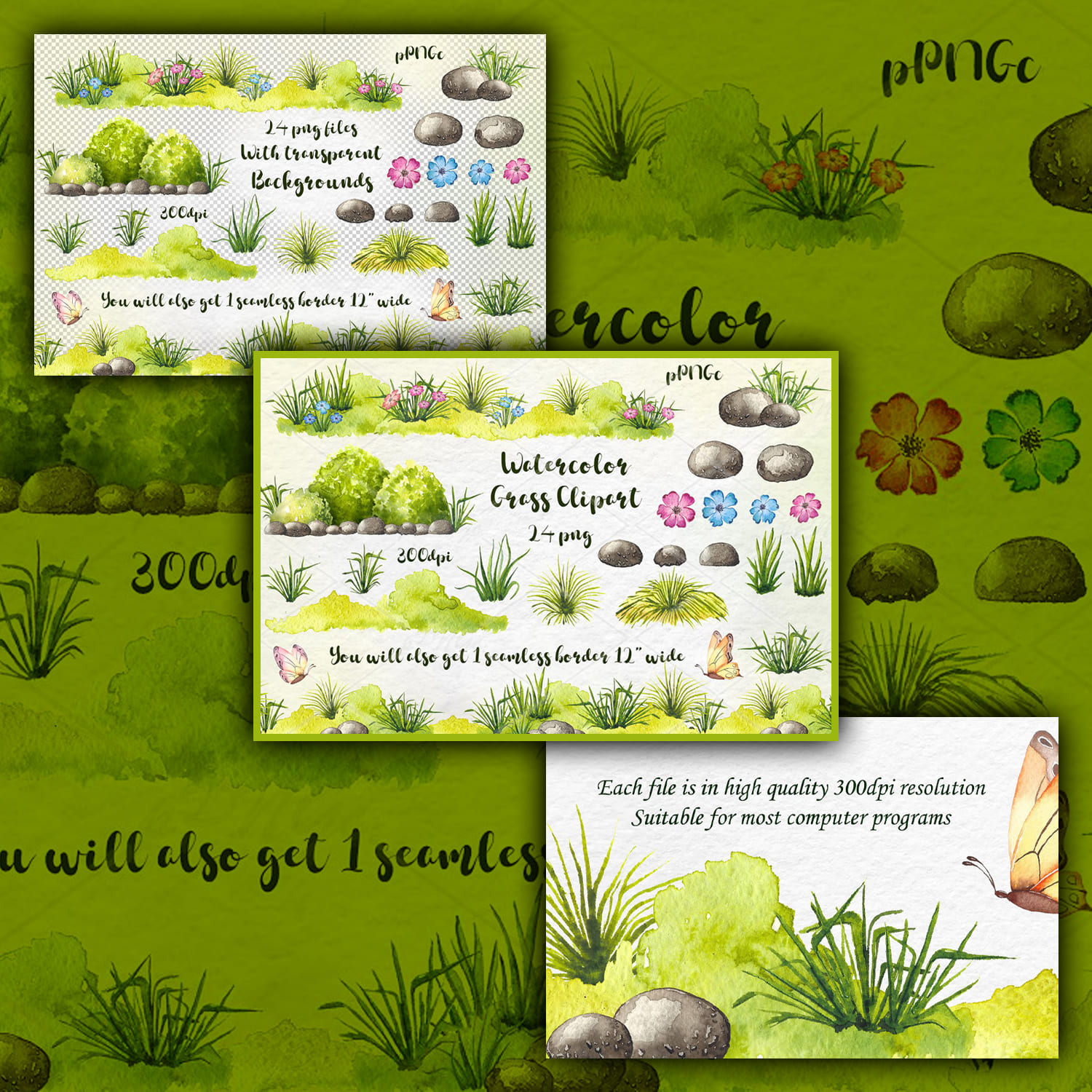 Watercolor Meadow/grass clipart cover.