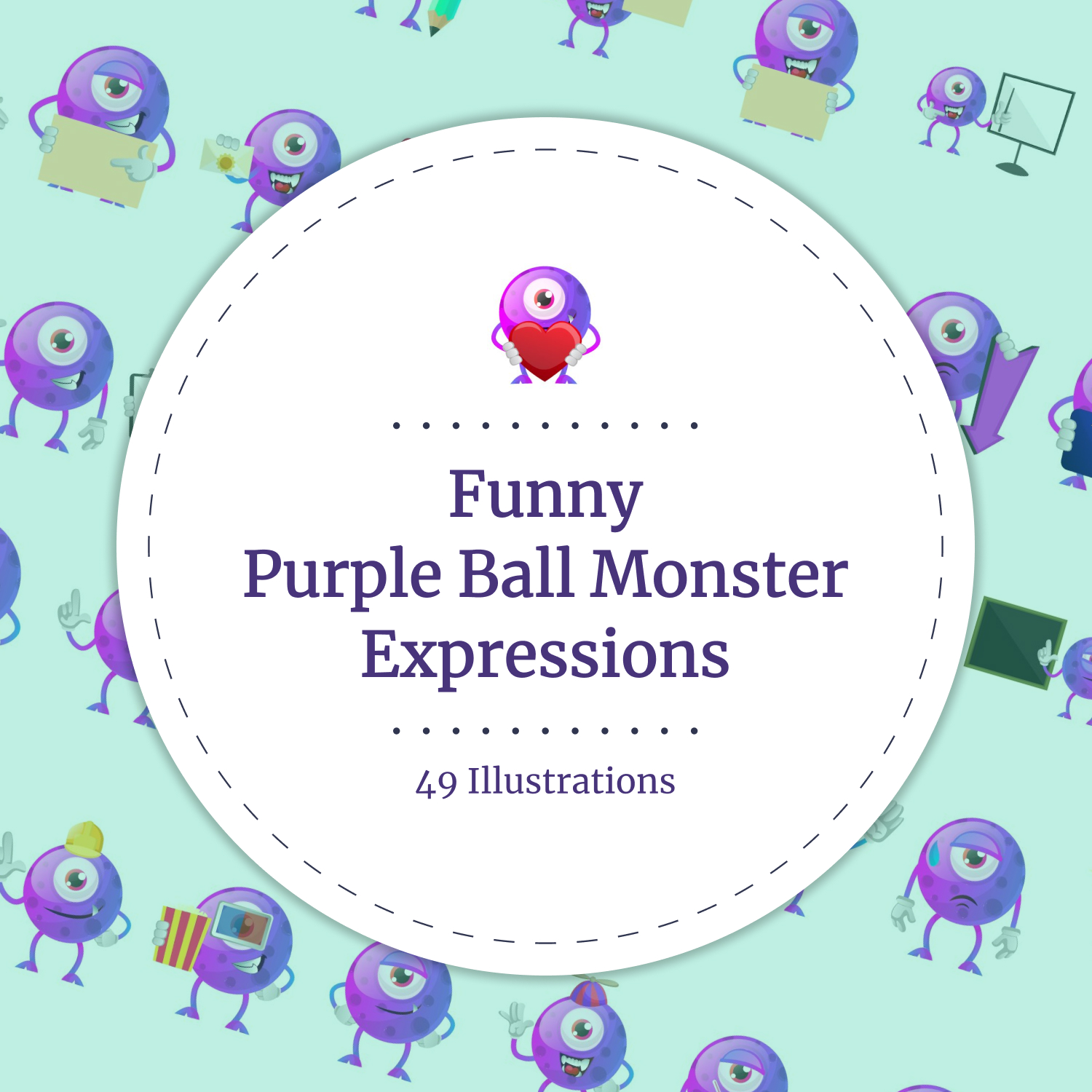49X Funny Purple Ball Monster Expressions Illustrations.