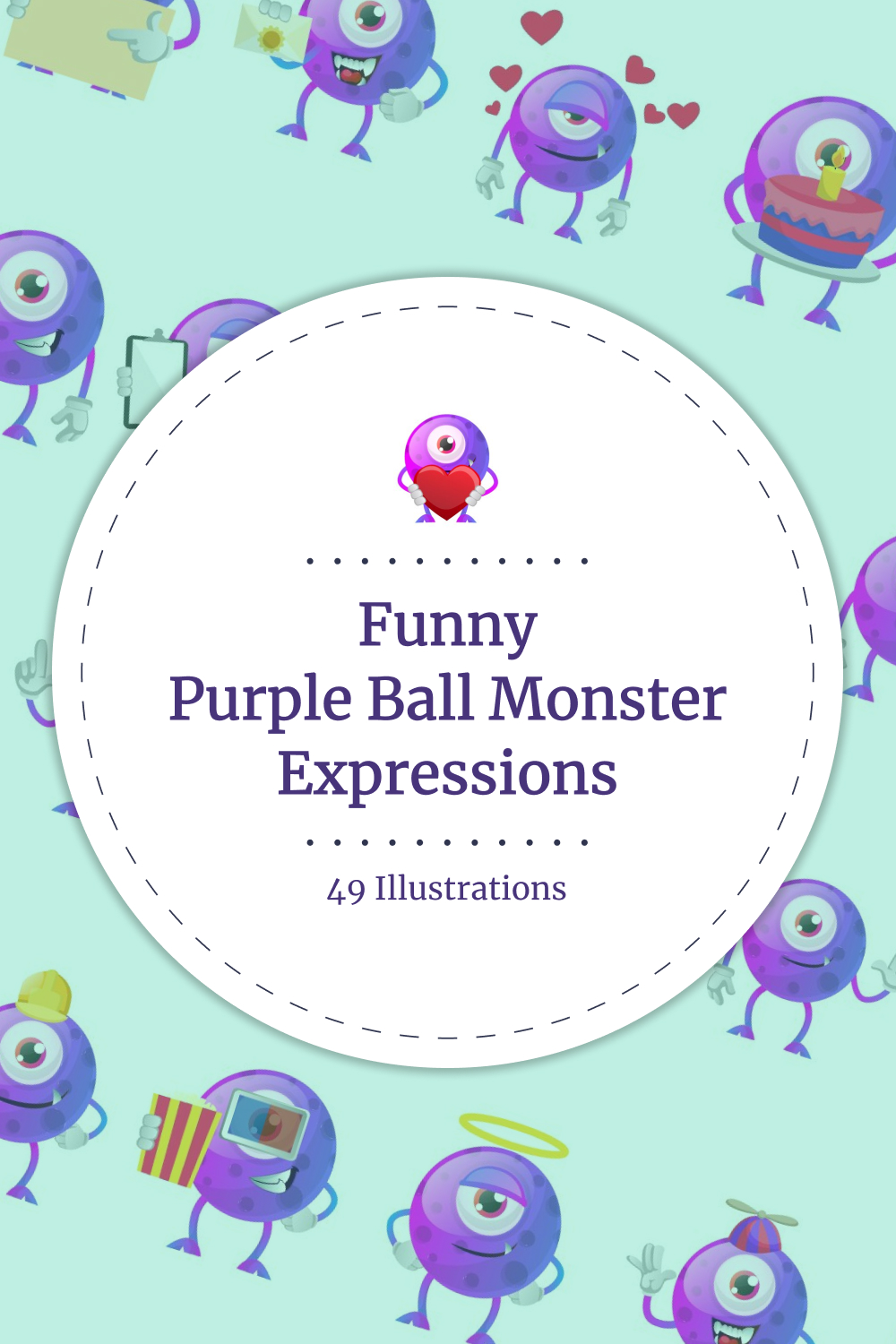 49x funny purple ball monster expressions illustrations 02 57
