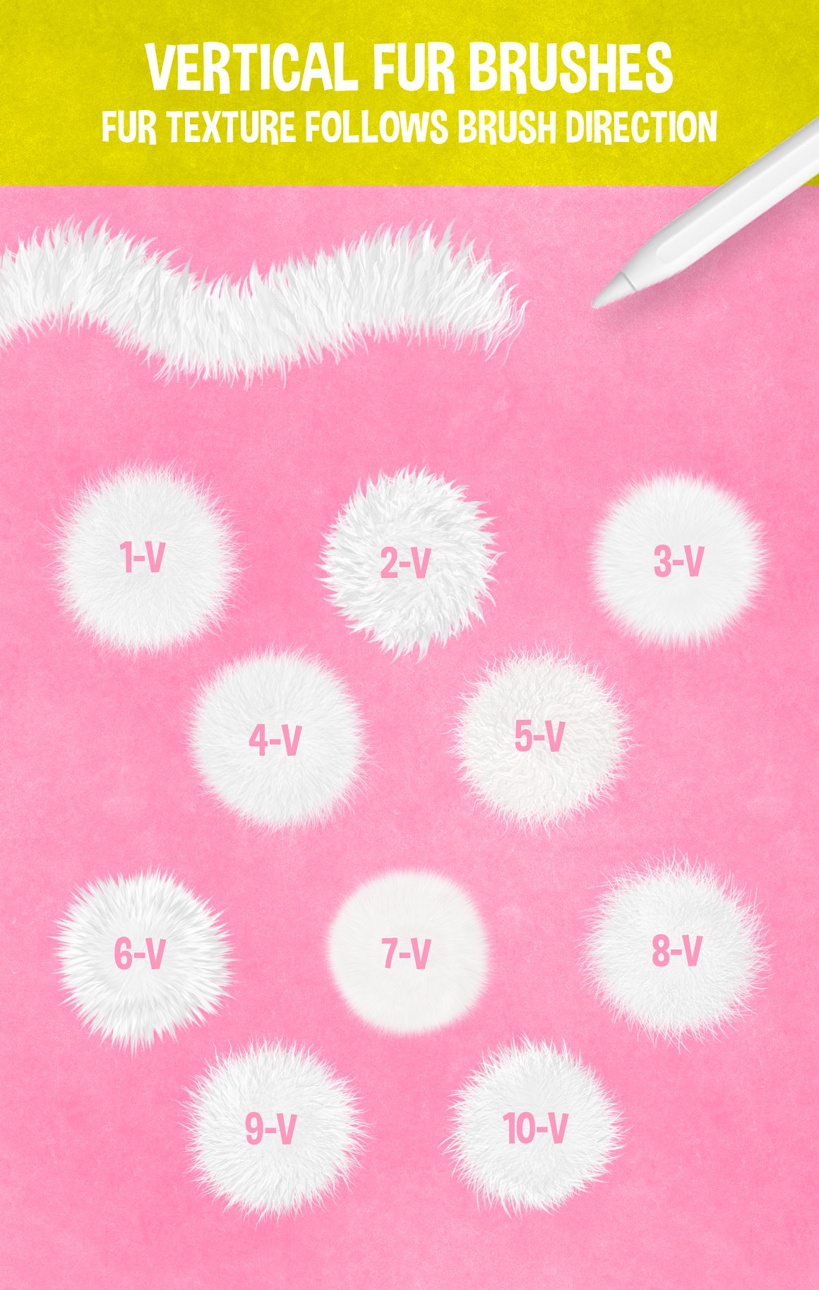A set of 10-V white fur brushes on a pink background.