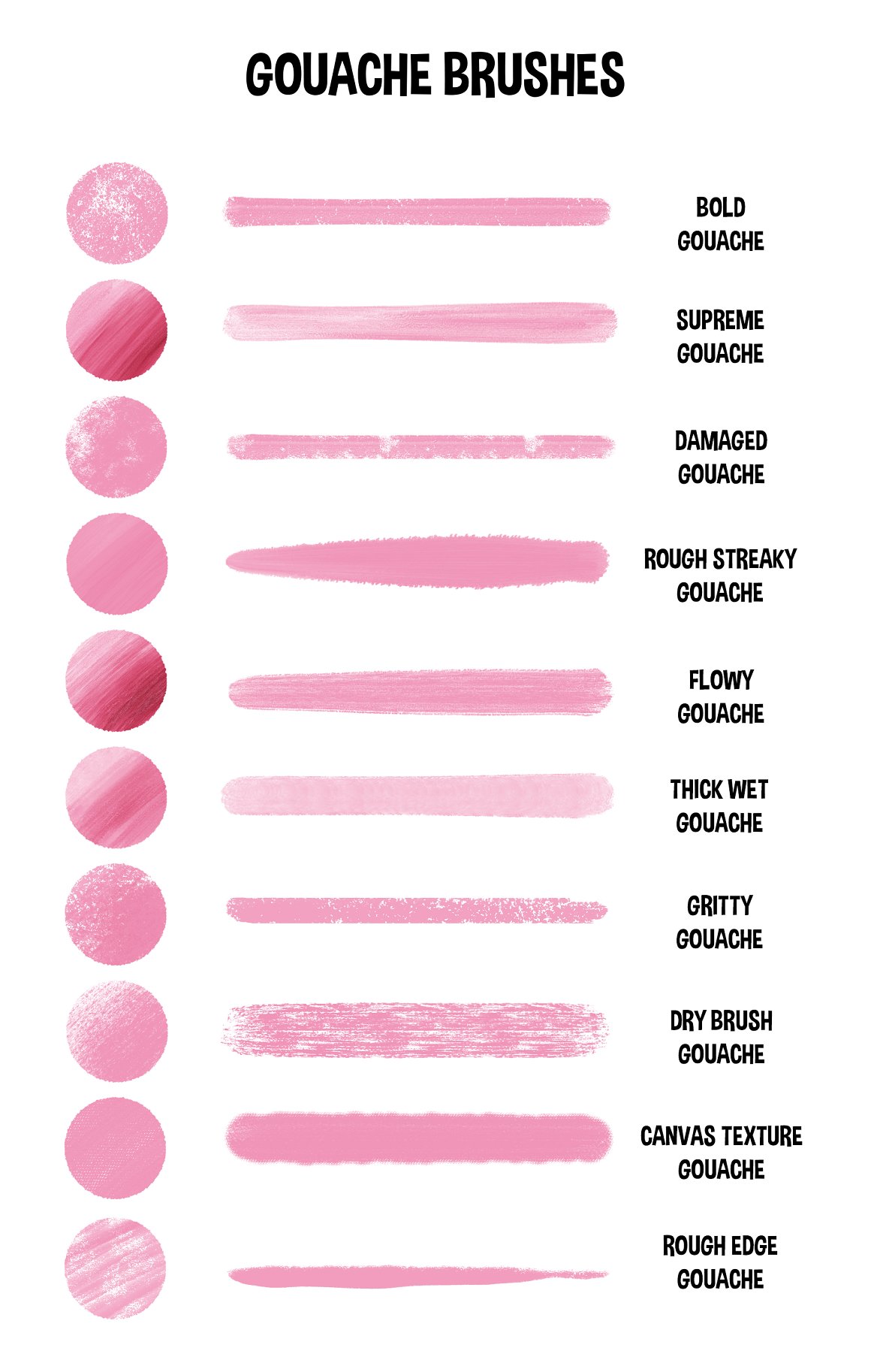 10 pink various gouache brushes on a white background.