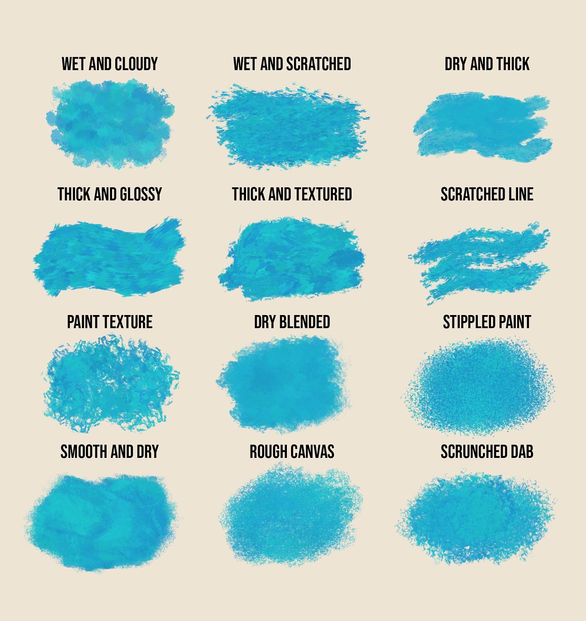 Collection of 12 blue different brushes in impressionism style.