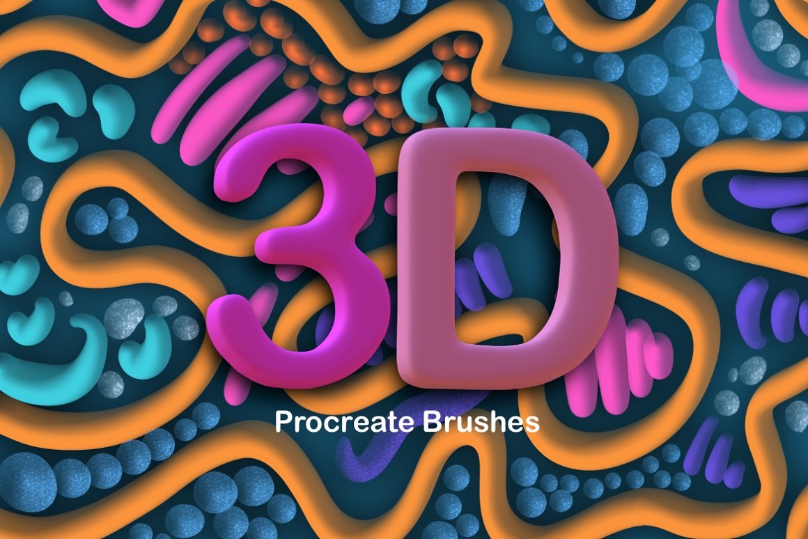3D pink lettering "3D" and white lettering "Procreate Brushes" on a 3D abstract background.