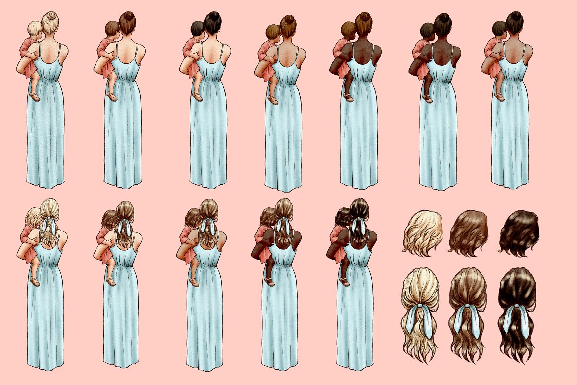 A set of 6 hairstyles and 12 different illustrations of mom and baby.