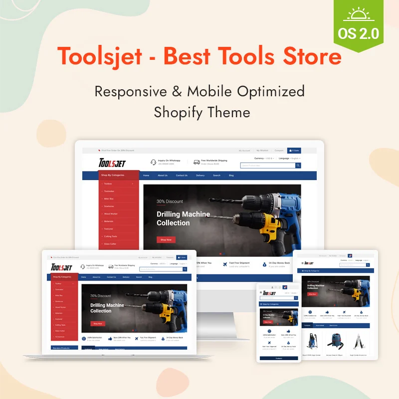 Red lettering "Toolsjet - Best Tools Store" and black lettering "Responsive & Mobile Optimized Shopify Theme" and different mockups of homepage on a pink watercolor background.