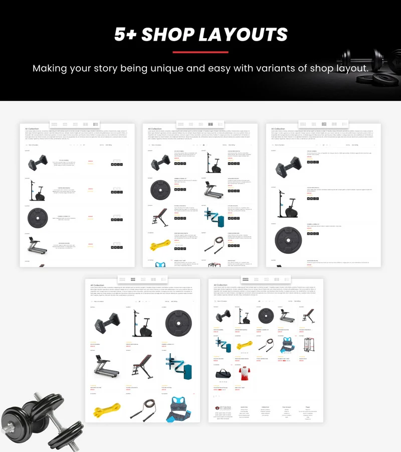 White lettering "5+ shop layouts" on a black background and 5 templates shopify store in white, black and red in web version on a gray background.