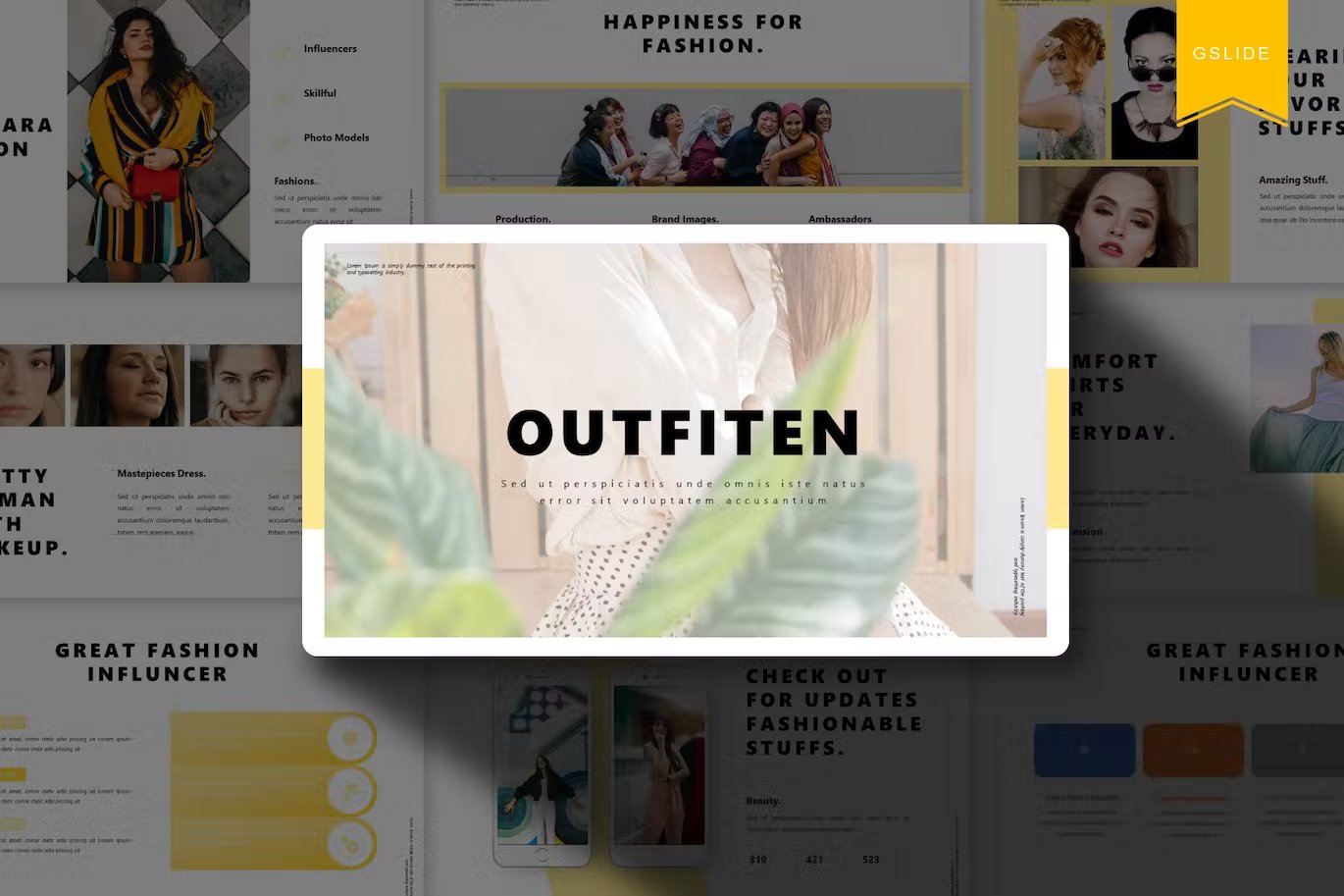 Black lettering "Outfiten" on the background of different slides.