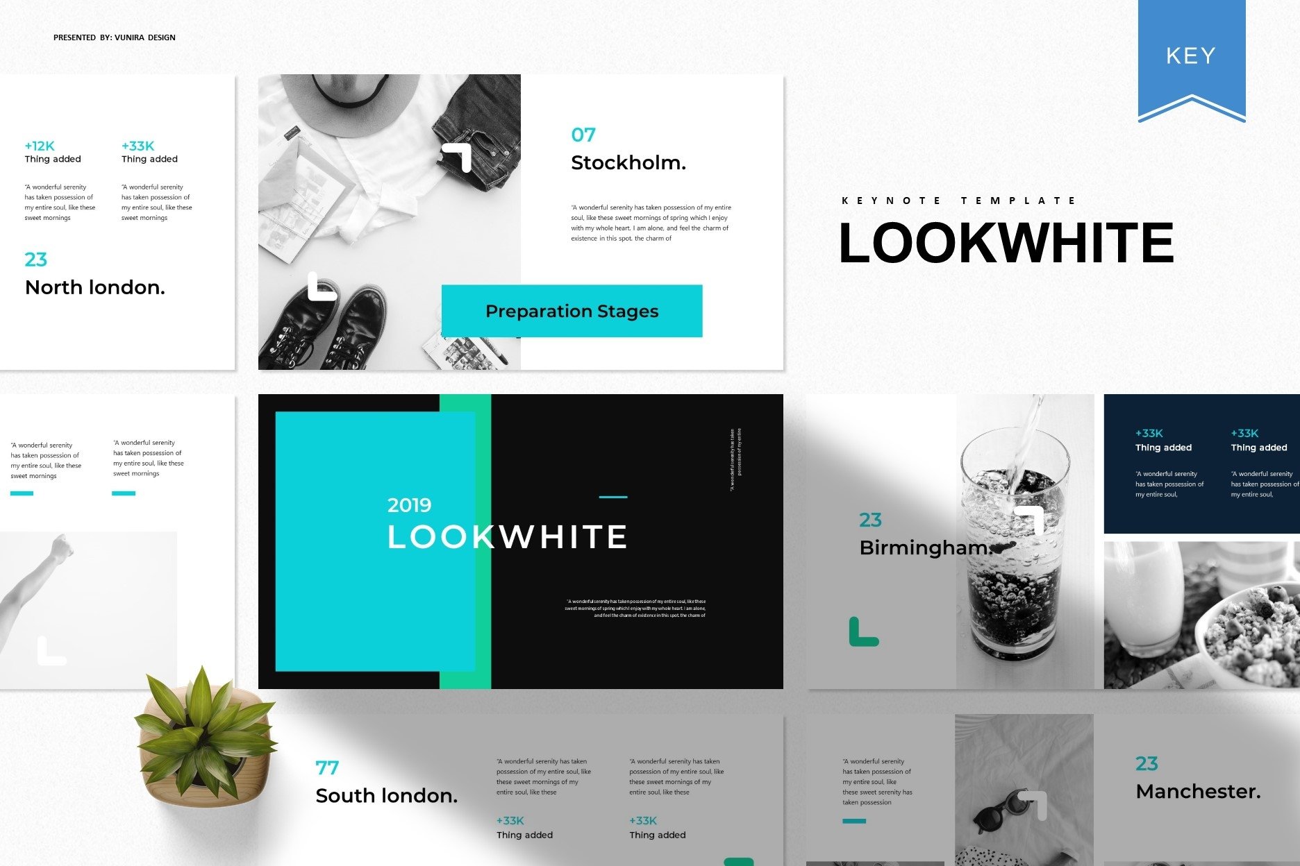 Black lettering "LookWhite Keynote Template" and different presentation templates.