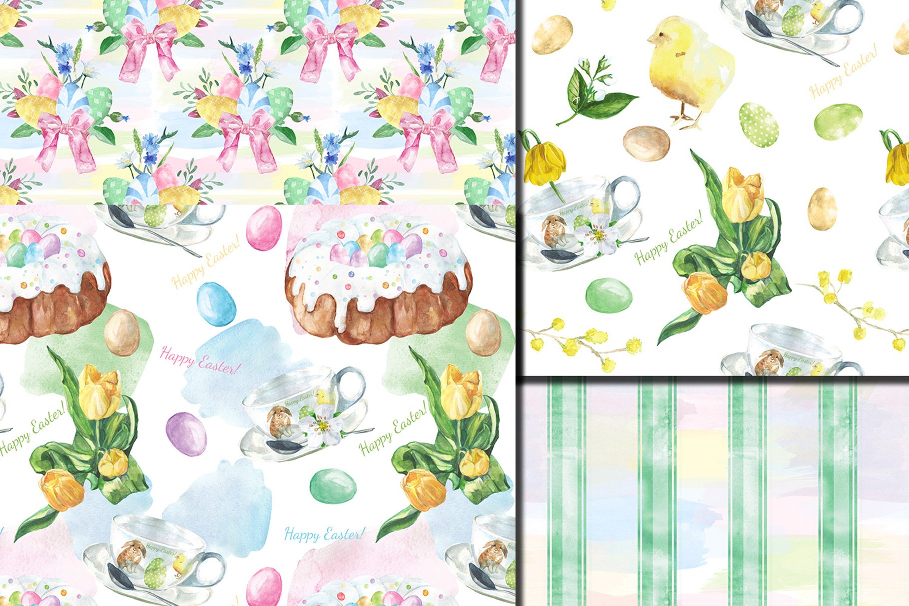Green Easter patterns with the festive cake and multicolor eggs.