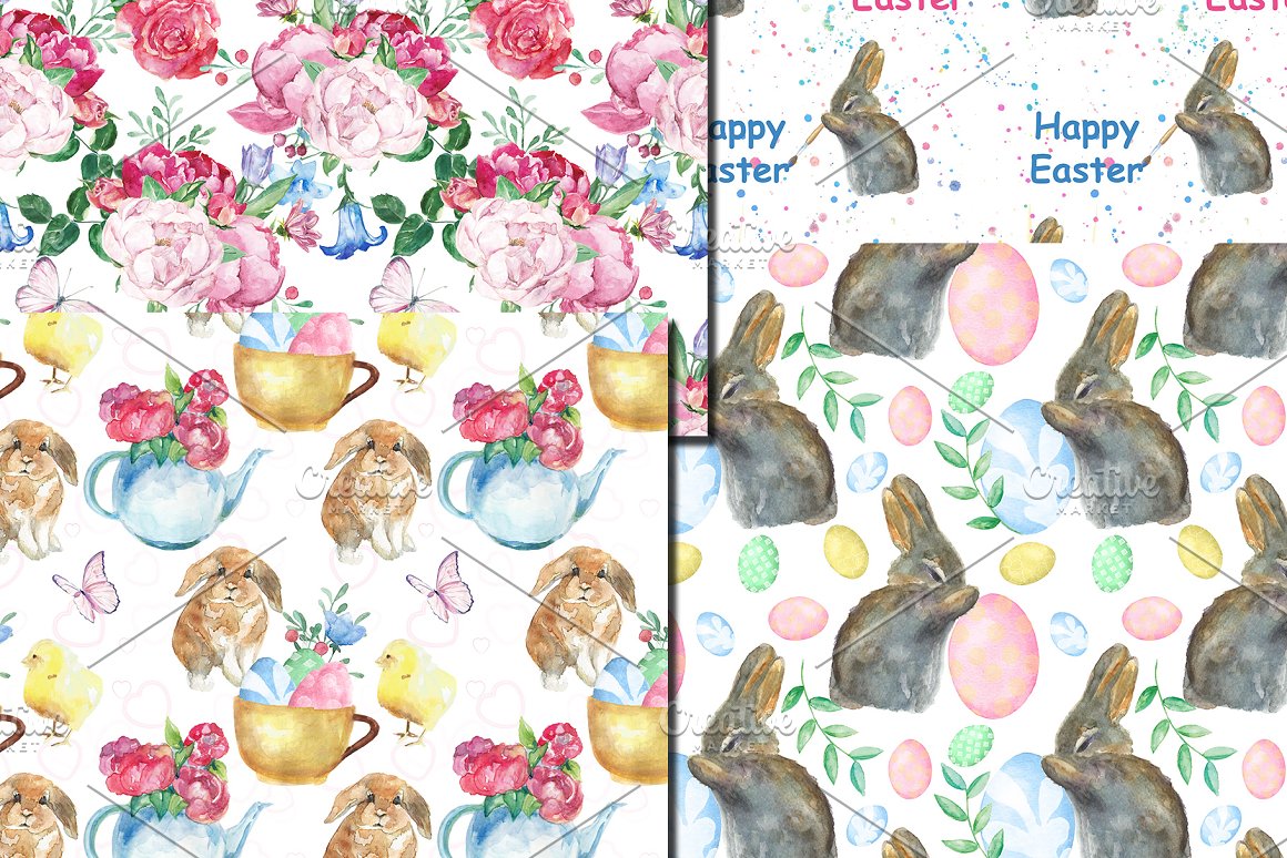 4 different easter seamless patterns with easter rabbit, chicken and peonies.