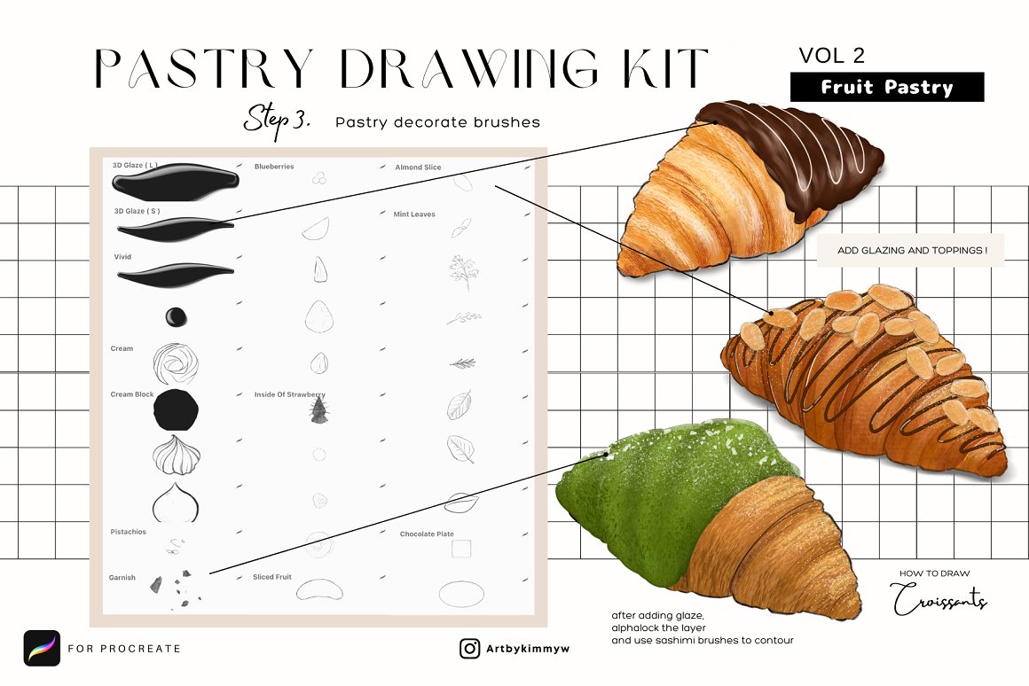 Black lettering "Pastry Drawing Kit" and 3 different croissants on a white background.