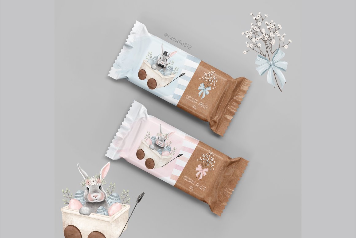 2 bars in wrapping paper with illustrations of a rabbit.