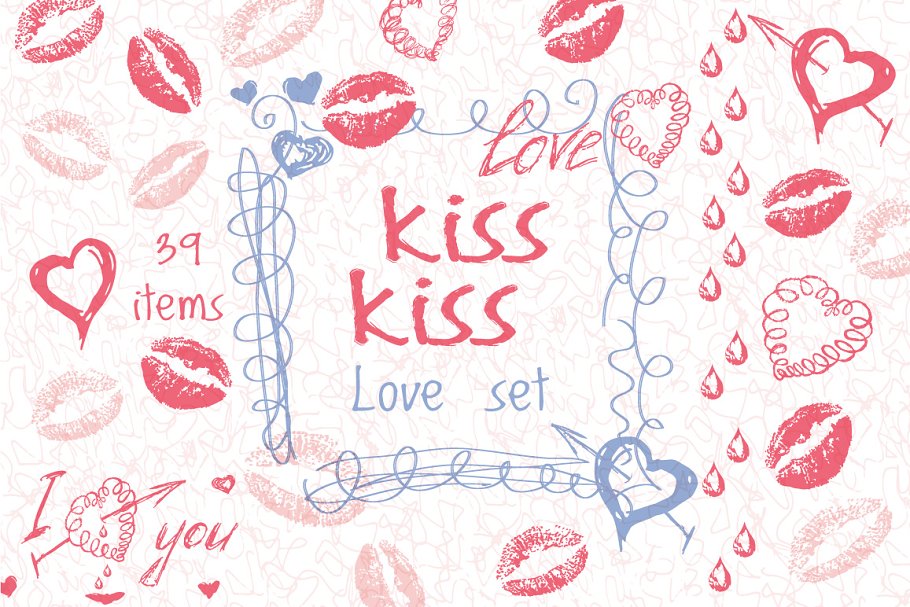 Cover image of Love set. Hearts kisses doodle.