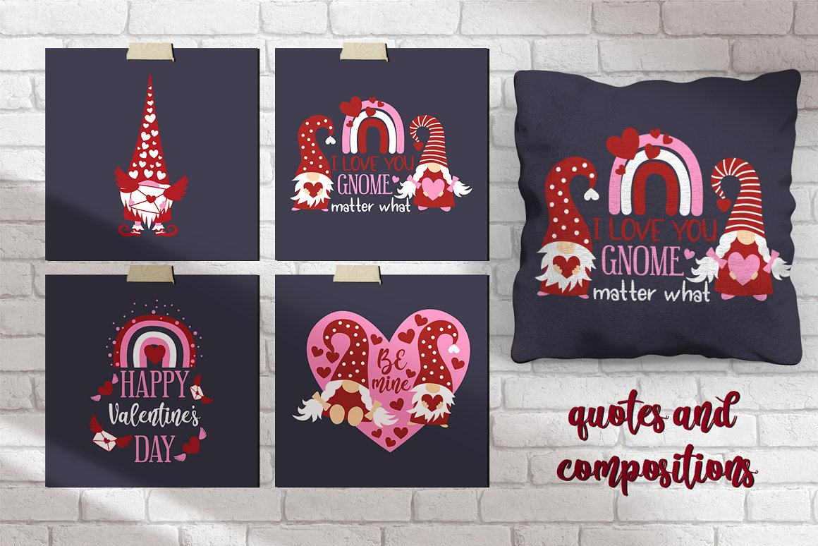 A set of 4 different cards and dark gray pillow with illustrations of a valentine's gnome.