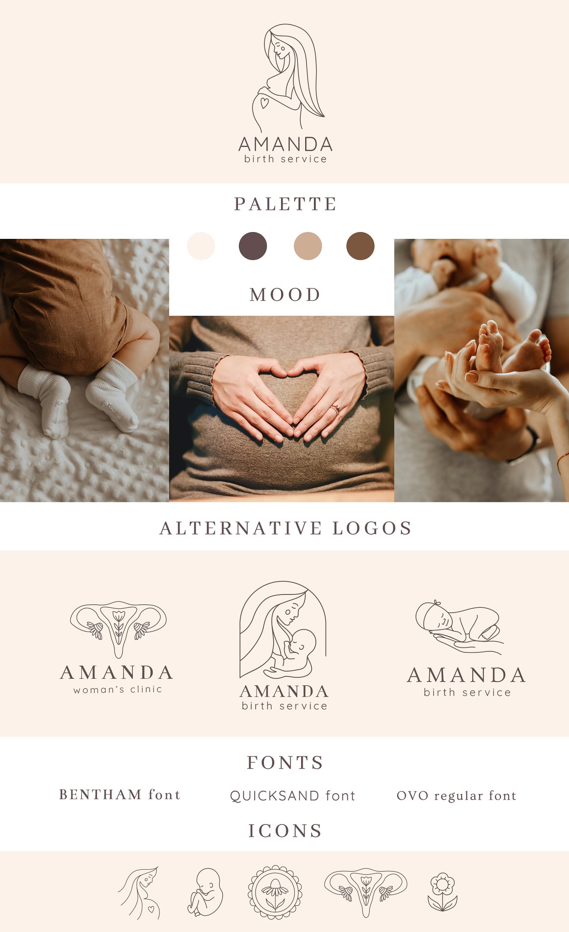 A set of logo "Amanda", 3 photos in warm palette, alternative logos, fonts and icons.