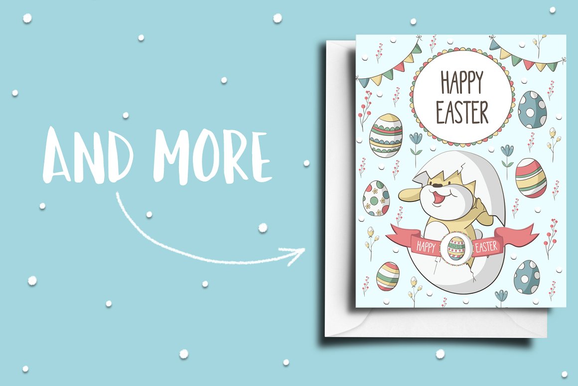White lettering "Add more" and cards with black lettering "Happy easter" and different easter illustrations on a blue background.