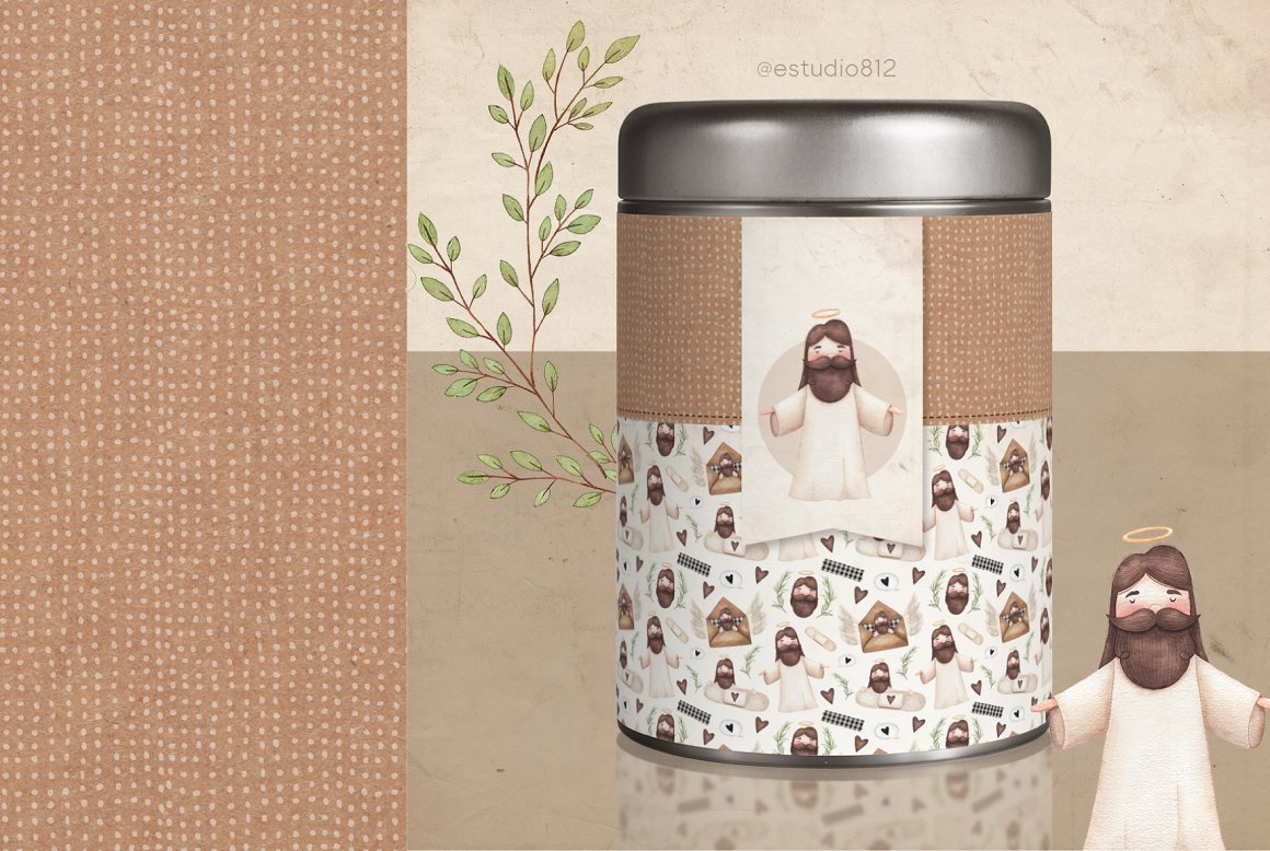 A can with watercolor illustration of a Jesus on a beige and brown background.