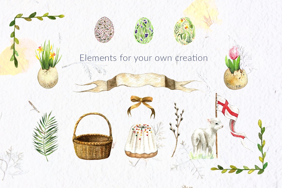 A set of different easter elements - basket, eggs, flowers and goatling on a gray background.
