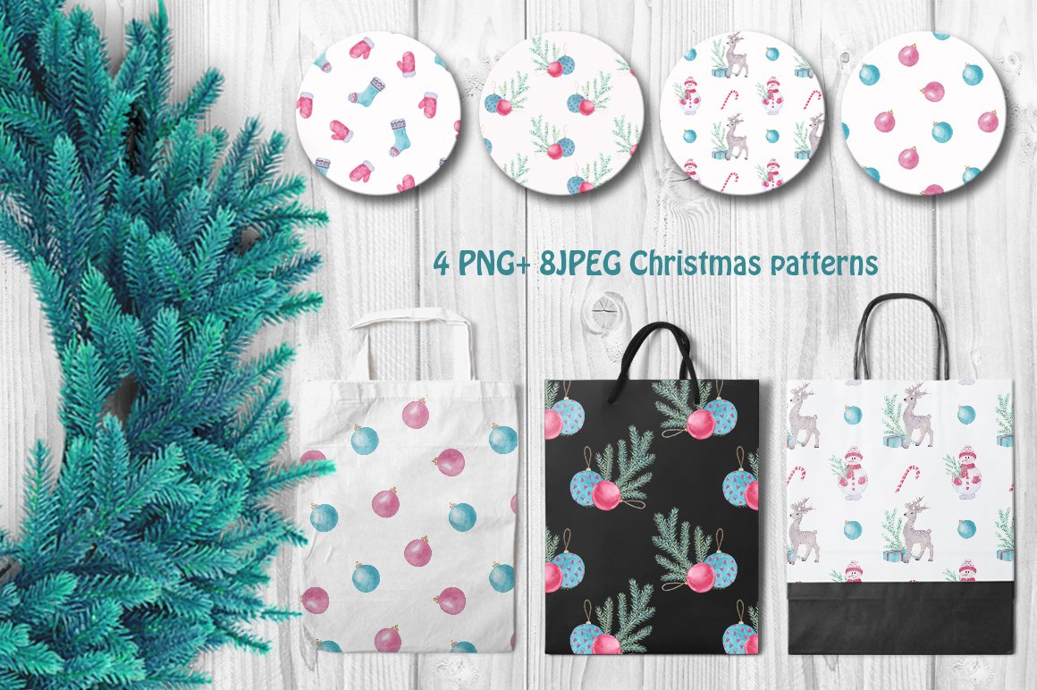 A set of 4 different christmas patterns and 3 shopping bag with these patterns on the wooden background.