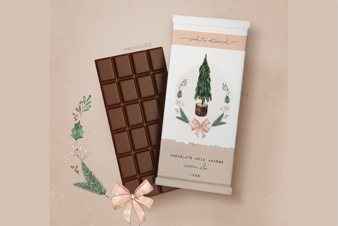 A chocolate bar in wrapping paper with a watercolor illustration of a christmas tree on a pink background.