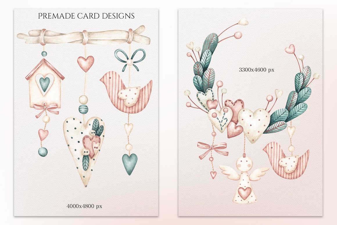 2 premade card designs with watercolor illustrations.
