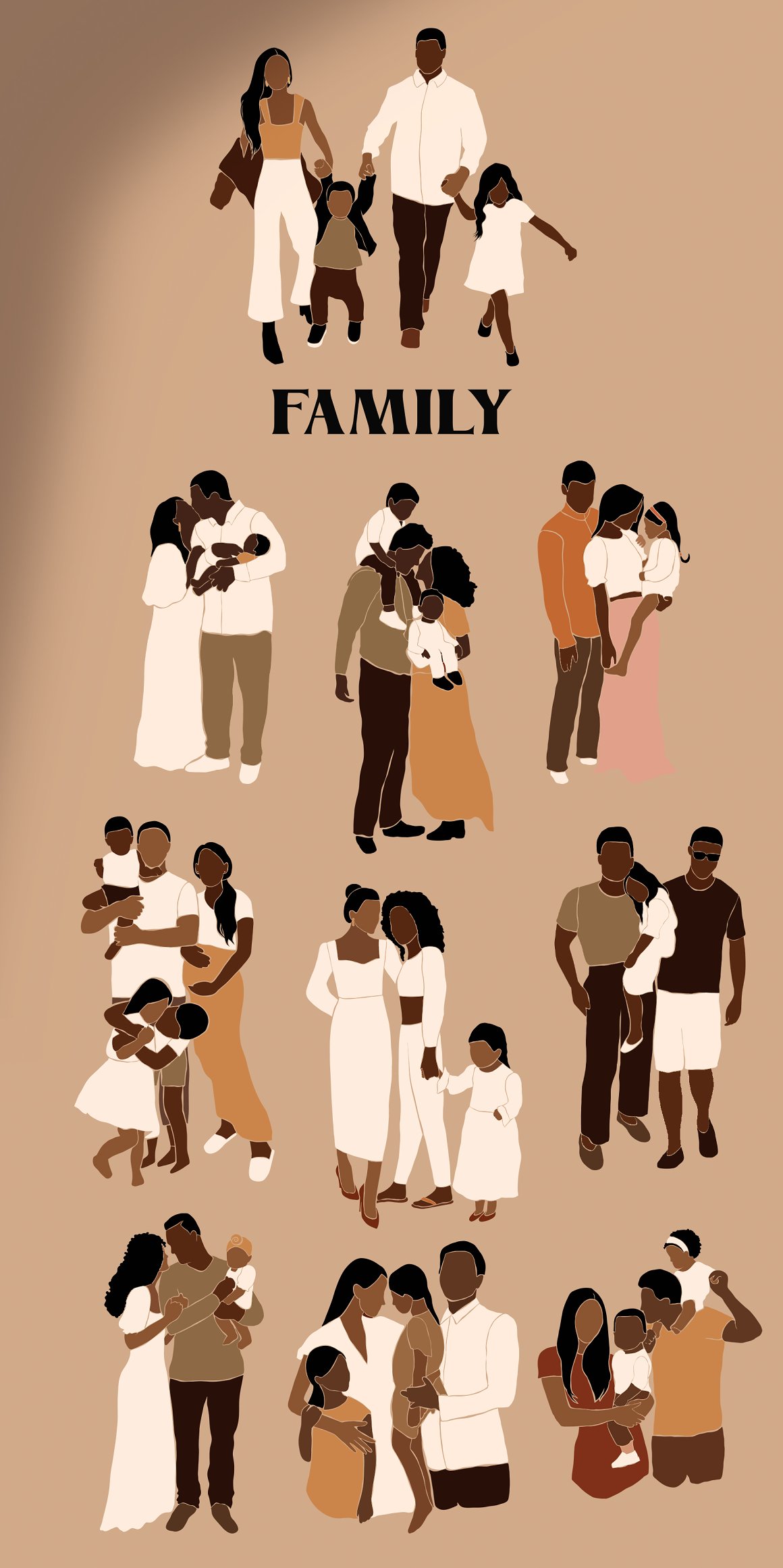 10 different family illustrations on a pink background.