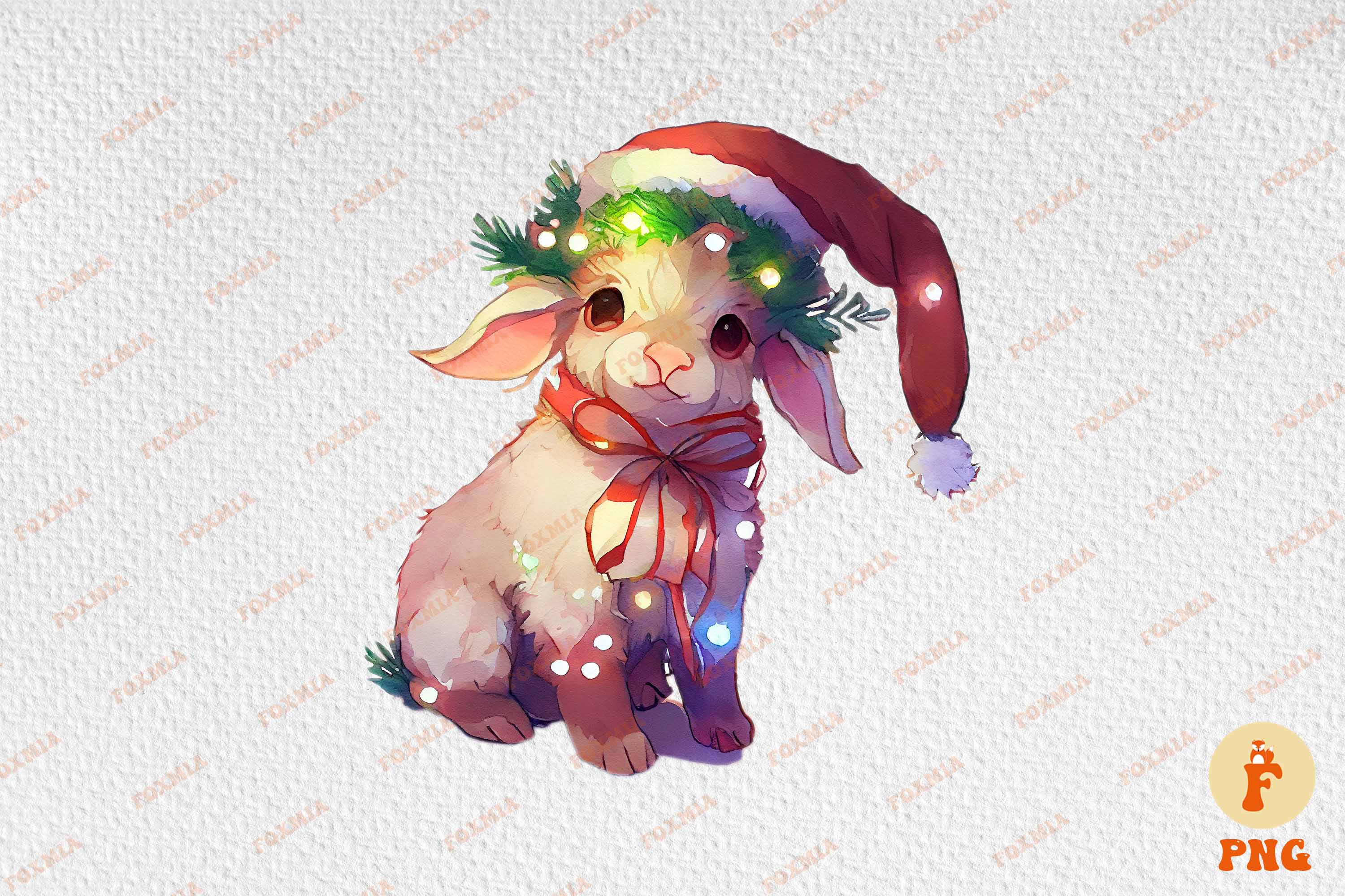 Colorful image of a lamb wearing a santa hat.