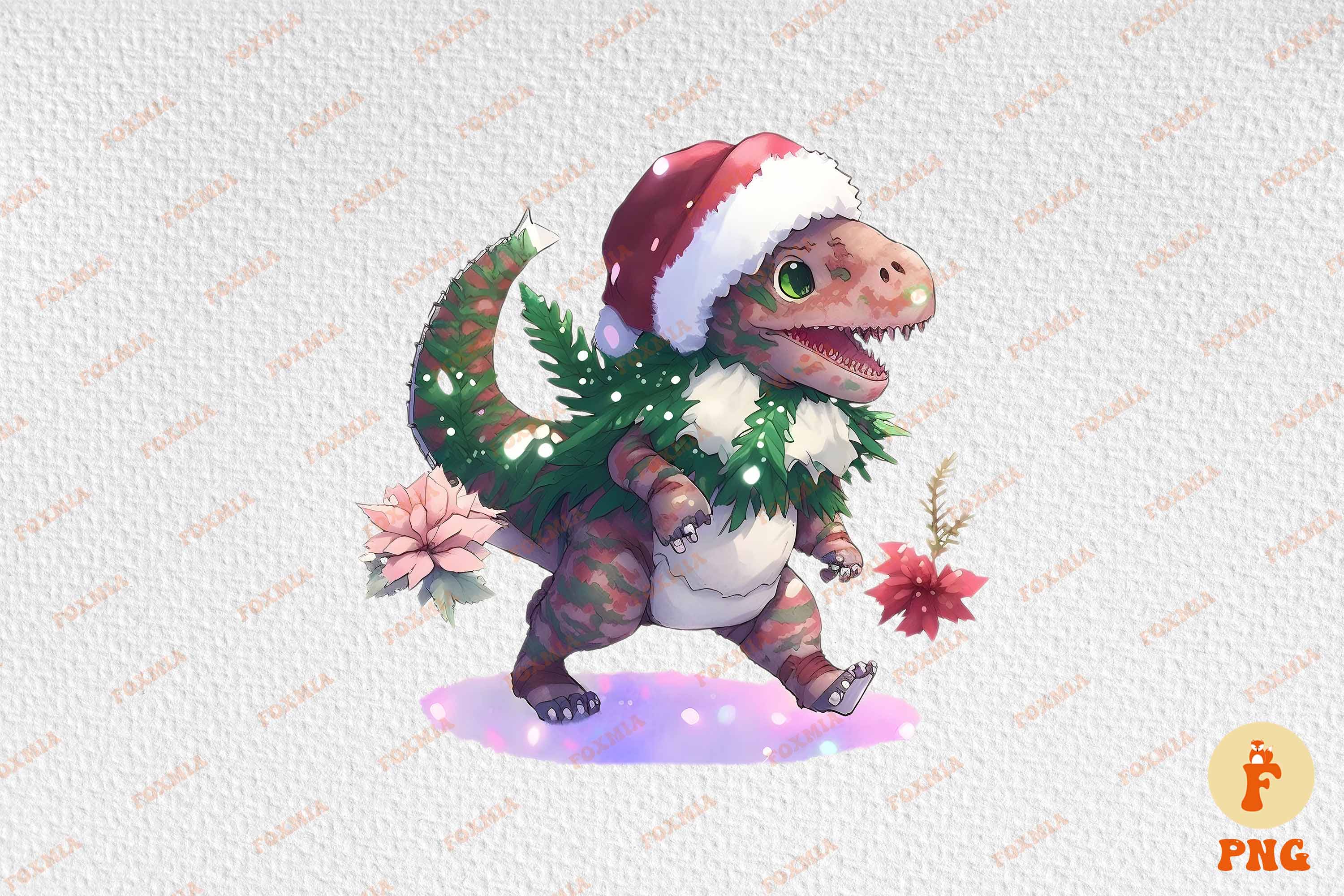 Irresistible image of a dinosaur wearing a Santa hat.
